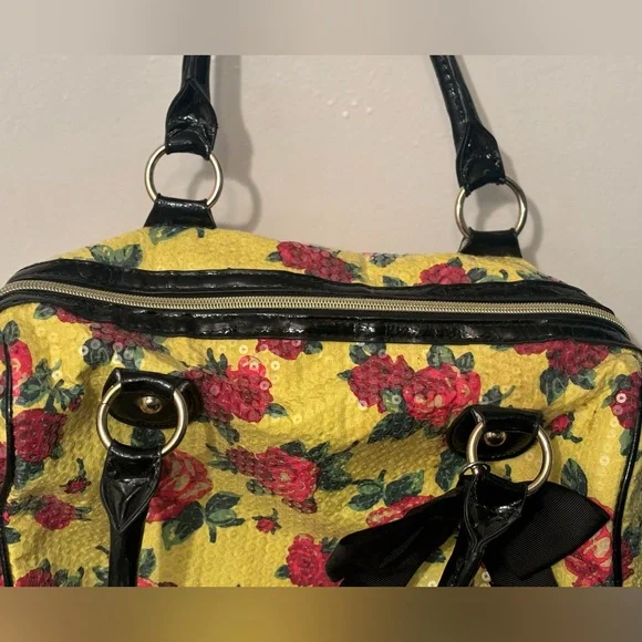 Vintage Betsey Johnson Y2K Yellow Pink Rose Garden Sequin Satchel Handbag - Picture 5 of 8